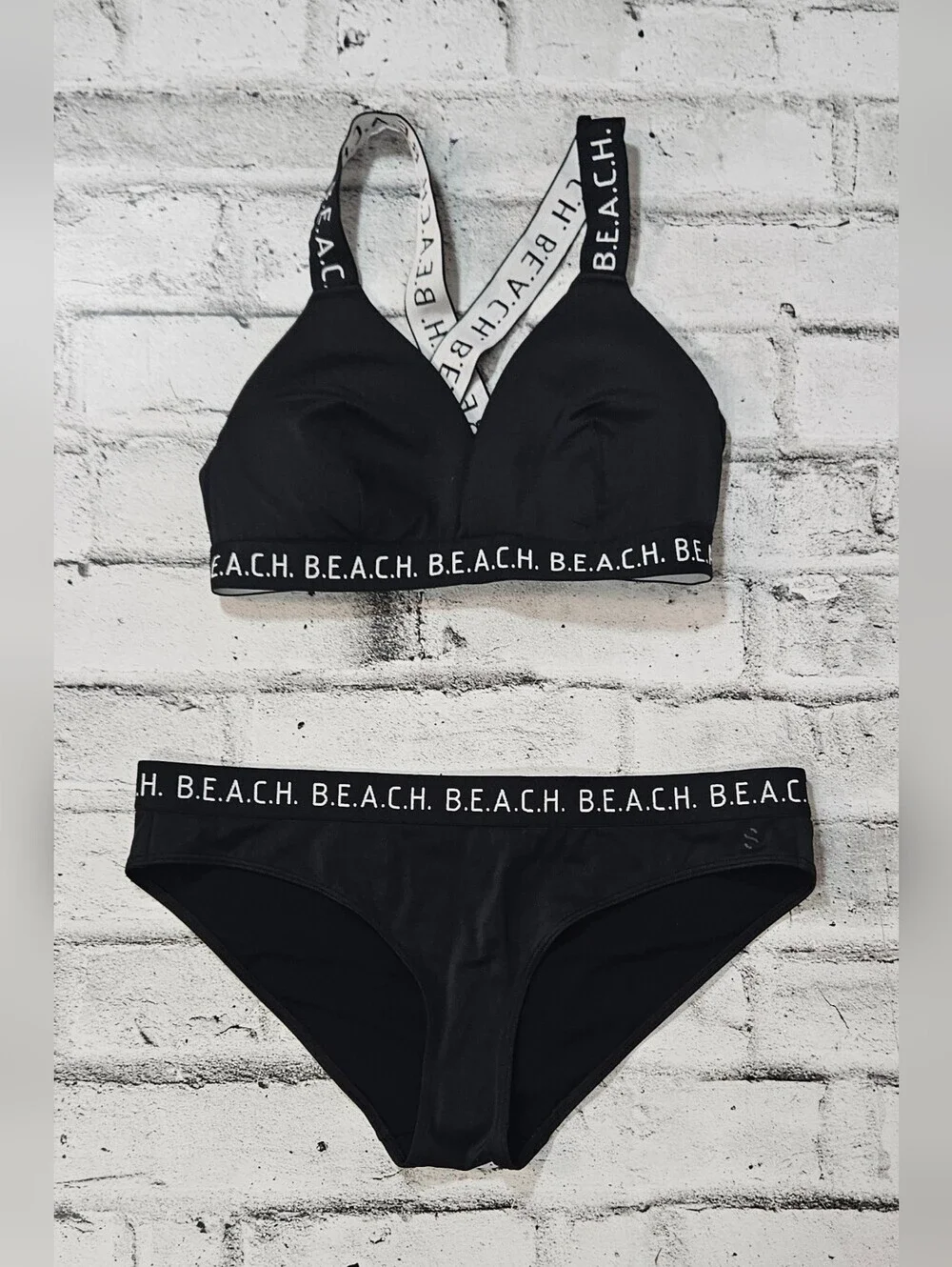 H&M Black Bikini Set Size M Cross Back Logo Strap Two Piece Swimsuit NWOT